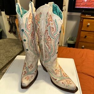 Corral White and Teal Embroidered Western Boots